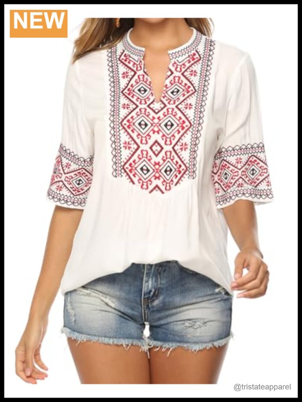 Boho Mexican Embroidered V-Neck Tunic Short Sleeve Rayon Women's Peasant Blouse